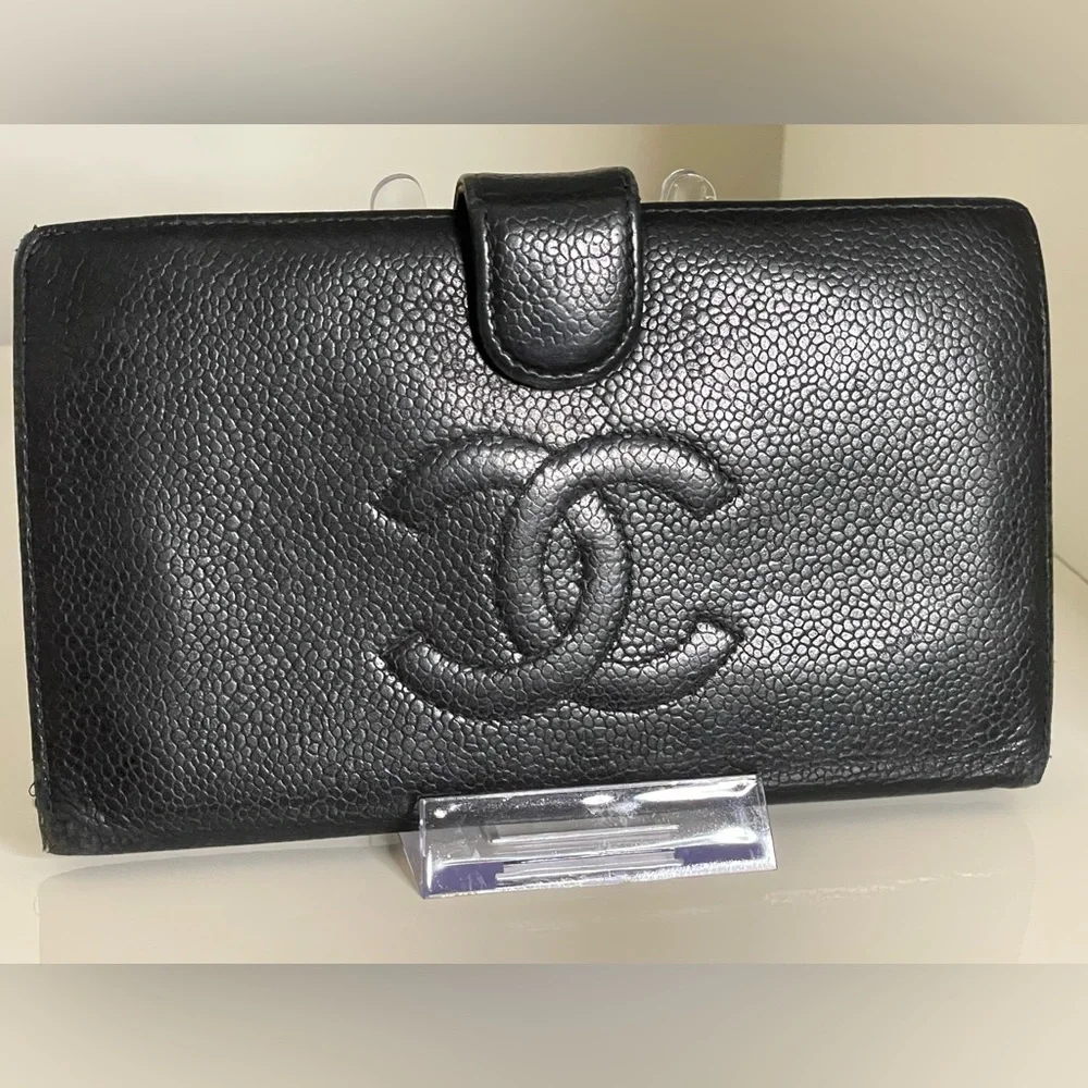 Chanel CC Caviar Leather Long Black Wallet with COA